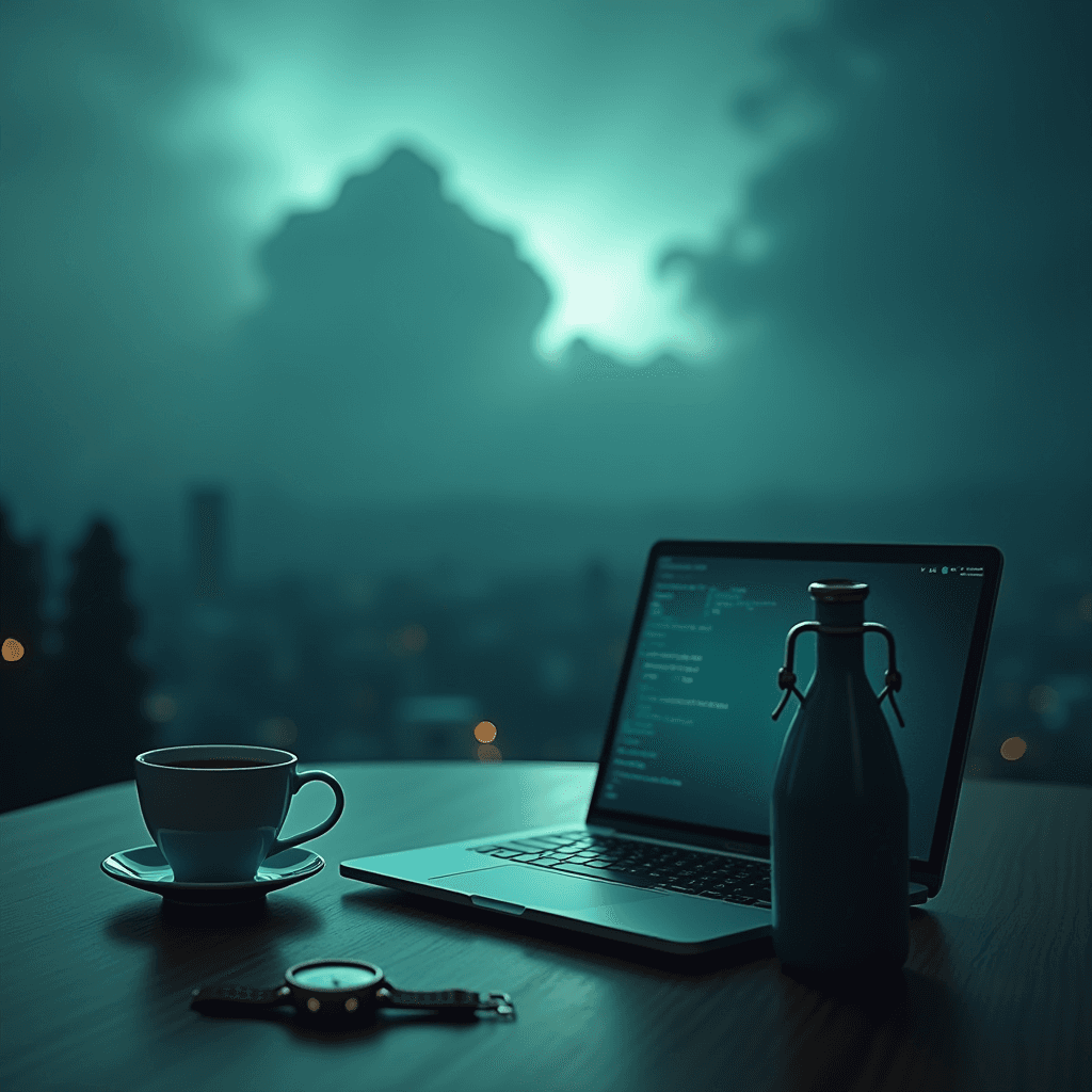 A tranquil scene with a laptop, coffee cup, watch, and bottle on a table against a moody, cloudy skyline.