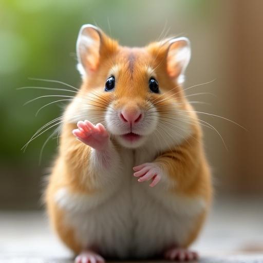 Highly realistic close-up photograph of a Syrian hamster. The hamster has soft golden-brown fur and a light gray belly. It sits upright on hind legs looking at the camera. The right front paw is raised in a natural waving gesture. Five distinct digits are visible on the paw. Textured fur, small pink nose, delicate whiskers, sharp claws. Softly blurred natural background with gentle lighting.