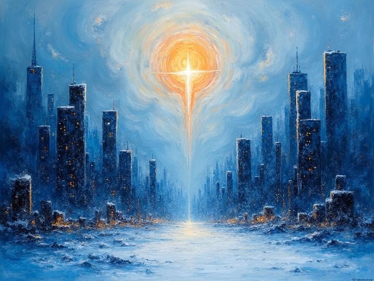 Abstract oil painting of a modern city in a cerulean-blue snowstorm. Cityscape features fragmented skyscraper silhouettes, jagged icy shards, and a tempestuous sky. Thick brushstrokes in icy indigo, frosty silver, and storm-gray depict chaotic motion. White and pale blue glazes suggest falling snow and dynamic patterns. A radiant star above, spiked and citrine-yellow with a golden-white core, glows like a monument. Concentric halos in amber and violet frame the star. Warm ochre undertones contrast the cold storm with city lights. Ghostly outlines of bridges or towers dissolve into the snow.
