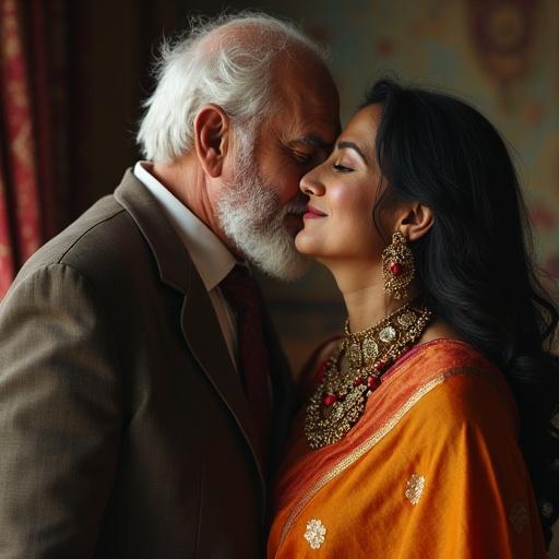 An elderly man shares an affectionate moment with a lady in a saree. The saree is vibrant and adorned with traditional jewelry. Their interaction conveys warmth and cultural significance.