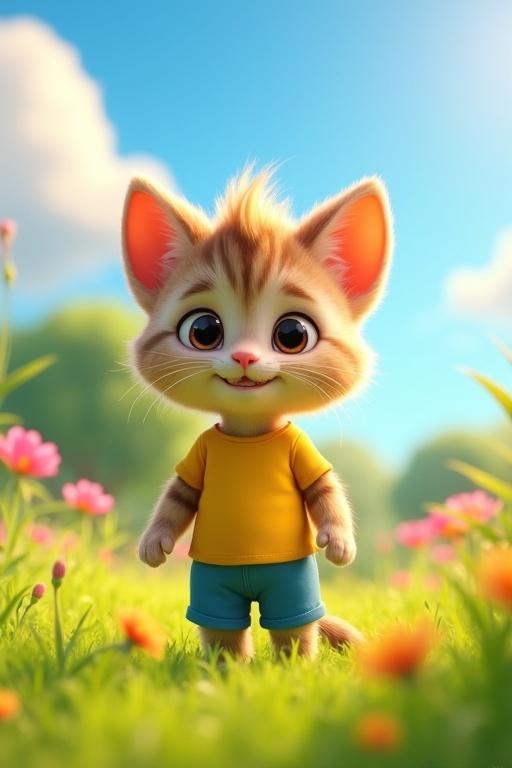 A small cute anthropomorphic kitten named Kittu stands in a sunlit meadow. Kittu wears a yellow shirt and blue shorts. The kitten has light brown fur with darker stripes. The background has green grass and colorful flowers with a clear blue sky and fluffy clouds.