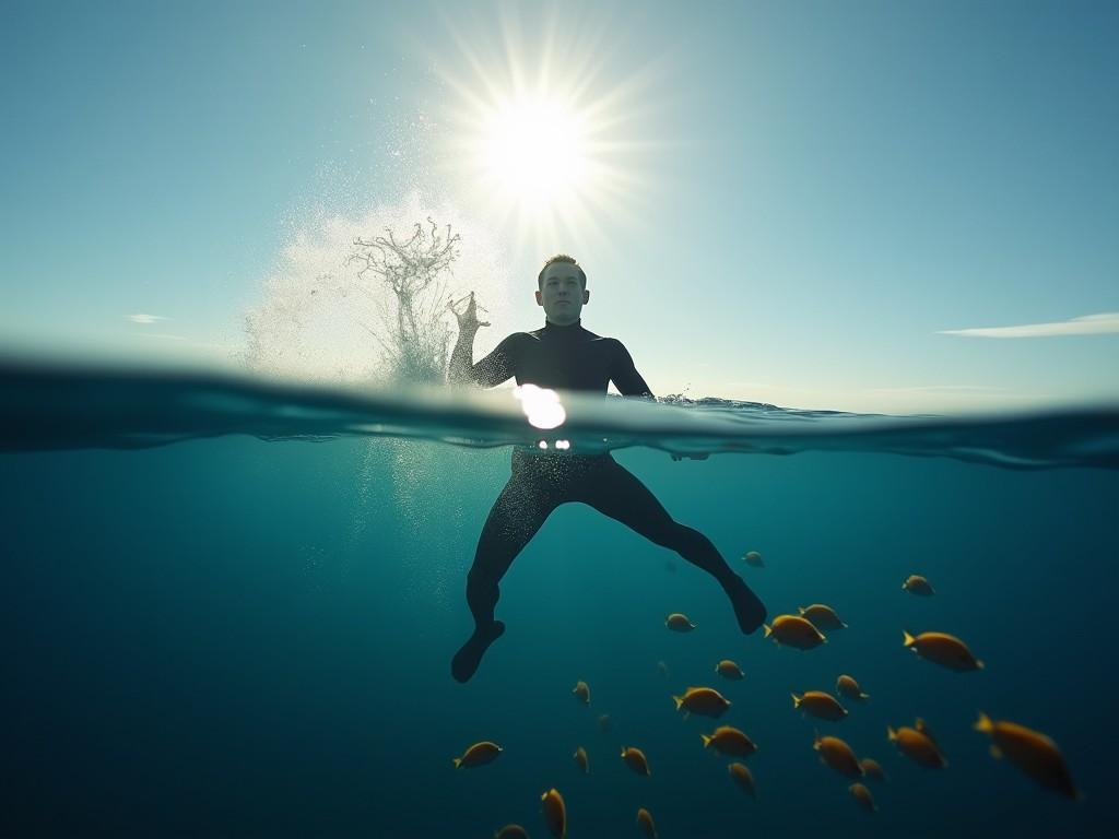 Bright sunlight illuminates the gentle waves of a vast sea. The camera slowly swoops down like a bird from a high altitude to a serene setting. After crossing the water's surface, it continues to show an underwater scene of a diver in a black wetsuit swimming alongside a school of fish. A dramatic view captures a splash as something breaks the surface of the ocean, enhancing the sense of movement. The serene expression of the diver complements the otherworldly aesthetic of the scene.