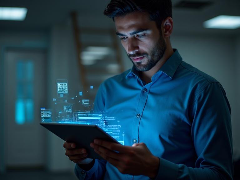 A man in a blue shirt using a tablet in a professional setting. Digital interface elements float around him. The scene highlights future data trends of 2030. Soft lighting enhances the modern tech ambiance. A minimalistic style is evident in the surroundings.