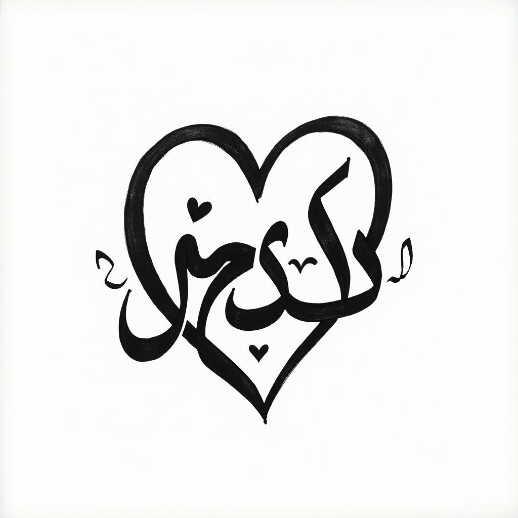 Design in love shape. Names in Arabic are Muhammed Irfan and Rabiya. Bold black ink on white paper.