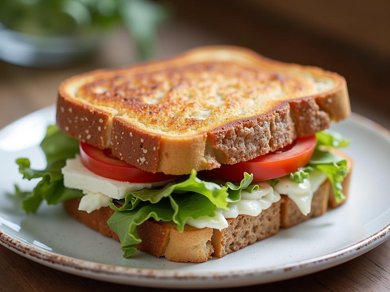 This image features a delicious Greek feta and white cheese toast sandwich. It is stacked with fresh slices of tomato and crisp iceberg lettuce. The sandwich is toasted to a golden brown perfection. It sits on a simple white plate, highlighting the vibrant colors of the ingredients. The natural light enhances the overall appeal of the food, making it look even more appetizing. This sandwich is ideal for those looking for a healthy yet satisfying meal option.