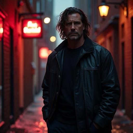Photorealistic image depicting a well-built New York detective in a dimly lit alleyway. Detective has thick wavy hair. He stands on the sidewalk looking into the camera. The scene captures a moody atmosphere with strong contrasts from chiaroscuro lighting. The setting features gritty bricks and rain-slicked cobblestones. The detective's weary face reflects the neon glow of the city.