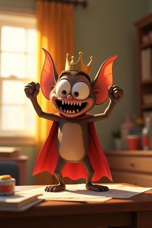 A hyperrealistic 3D cartoon humanoid creature with large eyes and huge ears stands defiantly on a messy desk. Sunlight filters through curtains in the background. The creature wears a paper crown and a cape made from a curtain with a triumphant expression. The setting is a playful bedroom environment, combining Pixar and Burton styles.
