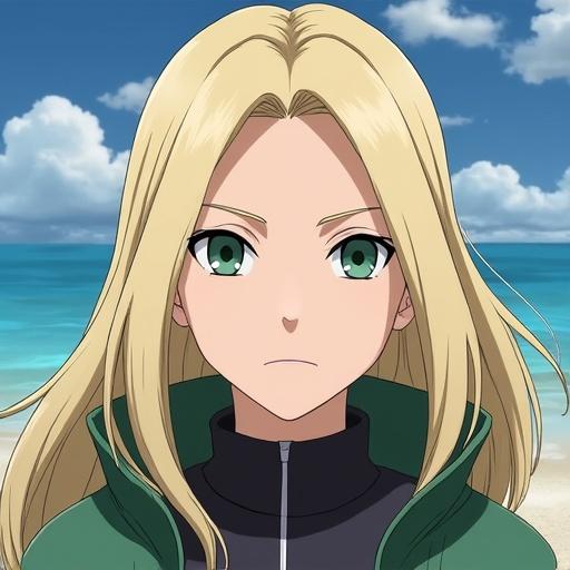 Anime character with long blonde hair and green eyes standing near the beach. Expression is serious. Background shows ocean and sky.