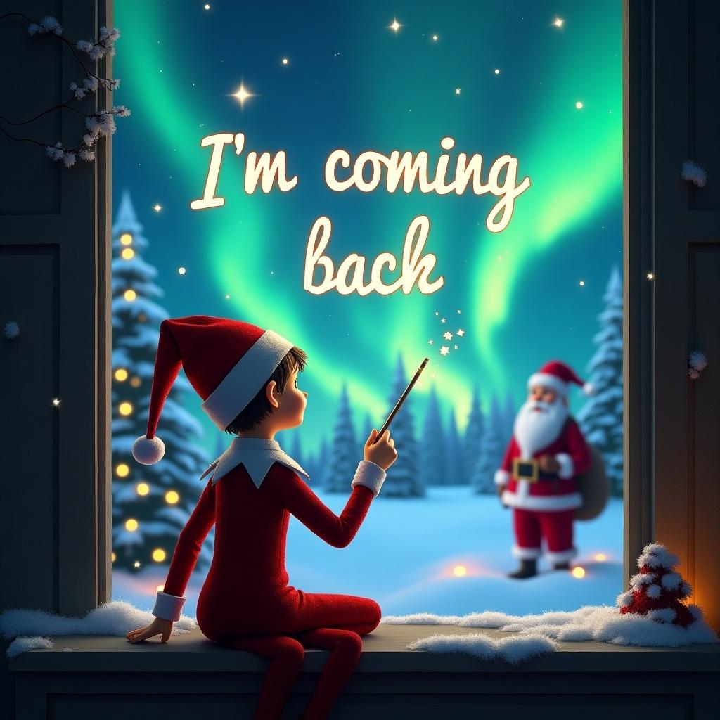 The image features an elf on the shelf with his back to the viewer, facing a stunning display of northern lights. The elf is holding a wand and writing the words 'I’m coming back' in the sky. Santa Claus can be seen in the background, observing the magical scene. The setting is festive and cozy, framed by a window with holiday decorations. Snow-covered trees add to the winter wonderland atmosphere. This enchanting scene captures the spirit of Christmas and the excitement of the holiday season.