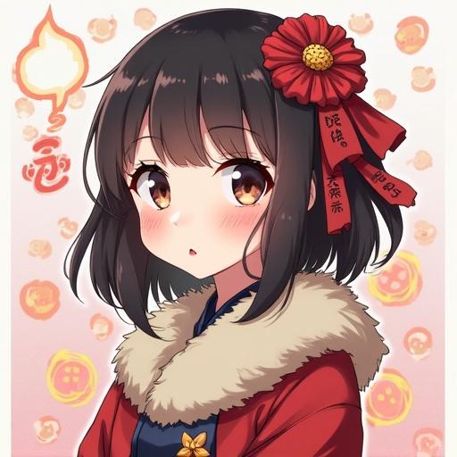 Anime-style illustration of a Japanese girl with short black hair wearing a red coat and a flower accessory. Background features traditional patterns and motifs.