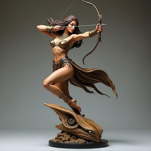 Resin statue depicts a goddess inspired by Sagittarius sign. Muscular human body with Egyptian-style armor. Poised in a dynamic pose, shooting an arrow. Fierce expression with flowing brown hair. Ethereal armor blends golden plates with dark leather. Base shows head of a giant galactic monster.