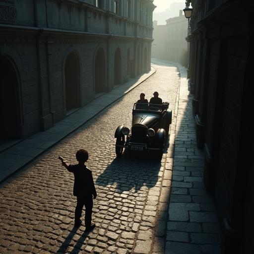 Cinematic 3D-rendered scene in realistic style. Early 20th-century European street with cobblestone roads and historic buildings. Young boy holds gun, aiming. Vintage open-top car with two figures inside. Suspenseful moment capturing chaos impending. Dramatic shadows in composition for animation.