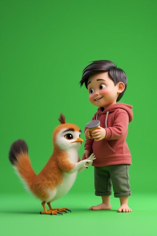 3D character of a young child in front of a green screen. This child is interacting with a cartoon bird that has vibrant orange and white feathers. The child wears a small hoodie and appears joyful and curious. The scene displays a high-quality render, realistic textures, and smooth animation, all set against a bright green background.