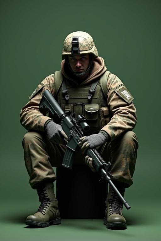 3D render of a soldier in camouflage uniform holding a rifle while sitting. Serious expression with realistic textures. Plain green background with cinematic lighting. Highly detailed military-themed scene.