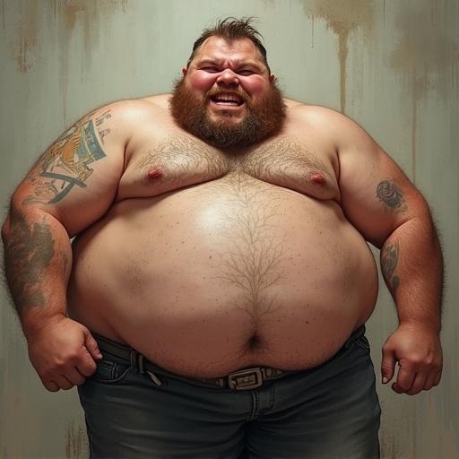 A heavyset man with a beard and tattoos, smiling widely. He stands with his fists clenched and appears confident. The background is subtle with a textured wall.