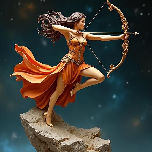 A resin statue represents the Sagittarius goddess. The goddess has an elegant style and a dynamic pose. She is in the air with an arrow drawn back from her bow. Her outfit is orange and mystical, combining golden and dark leather elements. The background features a starry cosmic scene with a floating rock base.