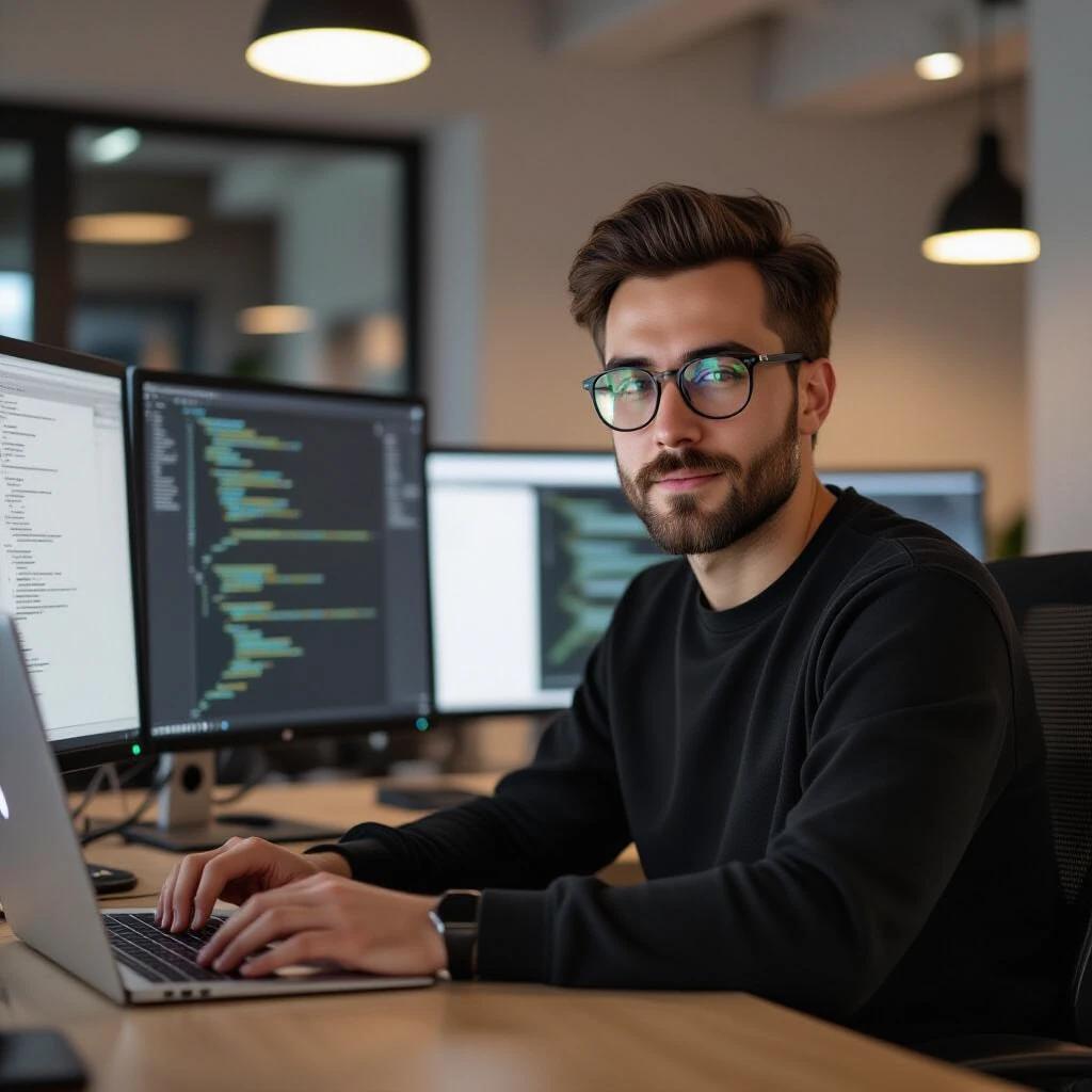 A man working as an AI engineer coding on a laptop in a modern office environment. Multiple computer screens display code and technical information. The man has glasses and is focused on his work, seated at a clean wooden desk.