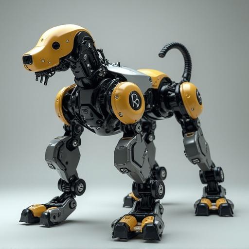 A mechanical dog designed with robotics technology. It features metallic elements and has a sleek, modern look. The color scheme includes black and yellow accents. The dog stands on four robotic legs and has a robotic tail. It has a friendly expression resembling that of a real dog.