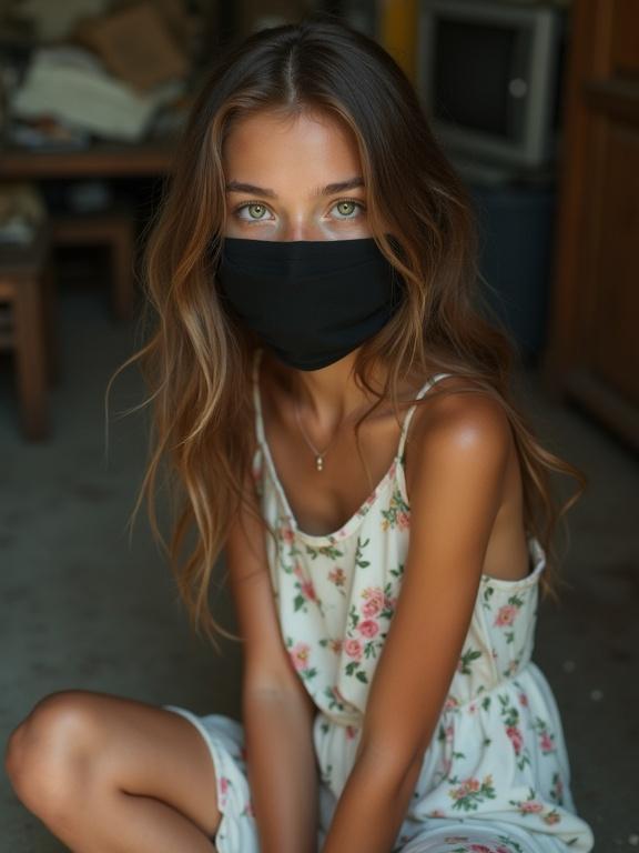 Photorealistic image of a beautiful teenage girl with long brown hair and green eyes wearing a white floral sundress sitting in a cluttered storage room. Her arms are behind her back, and a black cloth is wrapped over her lips.