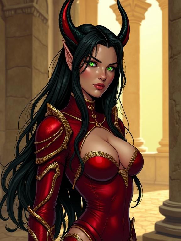A female blood elf stands confidently in revealing red armor with gold trim. Long black hair flows down, paired with glowing green eyes and upward-pointing ears. The background showcases ancient elven architecture with golden light flooding in. Art in comic book style with high detail, avoiding photorealism.