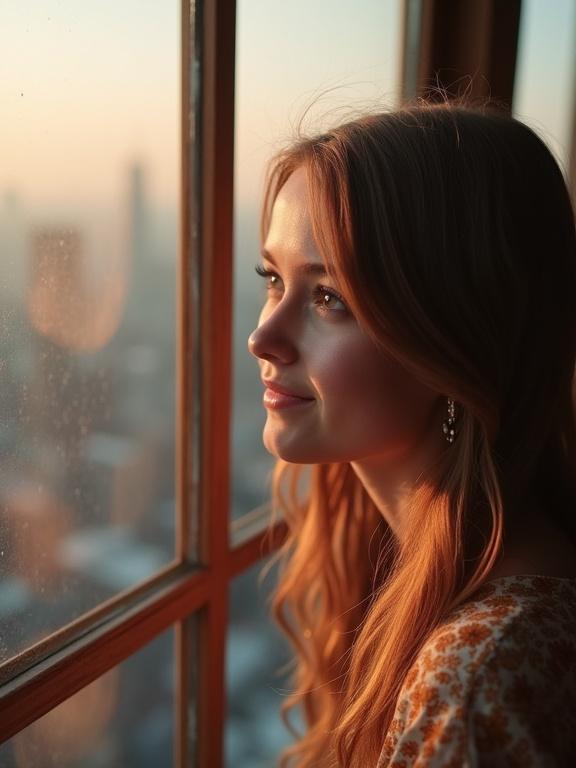 A beautiful girl with long hair gazes out of a window in a cafe. The scene captures a warm sunset illuminating the city skyline. The atmosphere is cozy and inviting. The girl appears to be immersed in her thoughts.