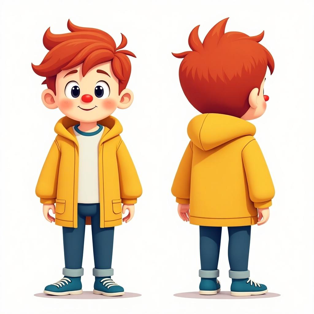 Boy with red hair and big nose wears a yellow jacket and blue shoes shown in front, back, and side views.