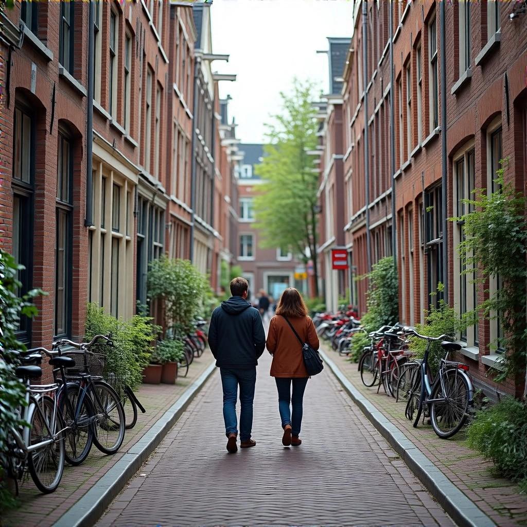 A couple walks down a narrow street with brick buildings. The street is lined with parked bicycles. The background features greenery.