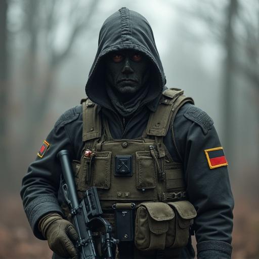 Soldier wearing dark military attire with a hood and mask. Standing in a misty forest. Equipped with a rifle. Foreboding atmosphere.