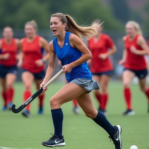 Image of field hockey player running through upset opponents. Opponents in red come from various directions. Hockey player in blue with a grey skirt snatches the ball from an opponent with a hockey stick. Others watch angrily and pursue her.