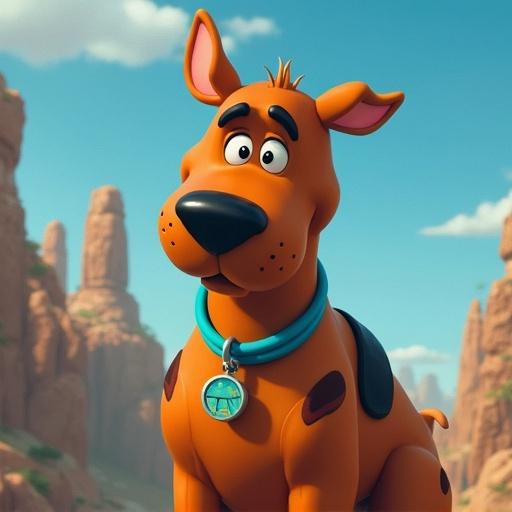 Scooby-Doo character designed in the style of Bluey. Cartoon dog with a playful expression. Set against a natural landscape with rocks and sky.