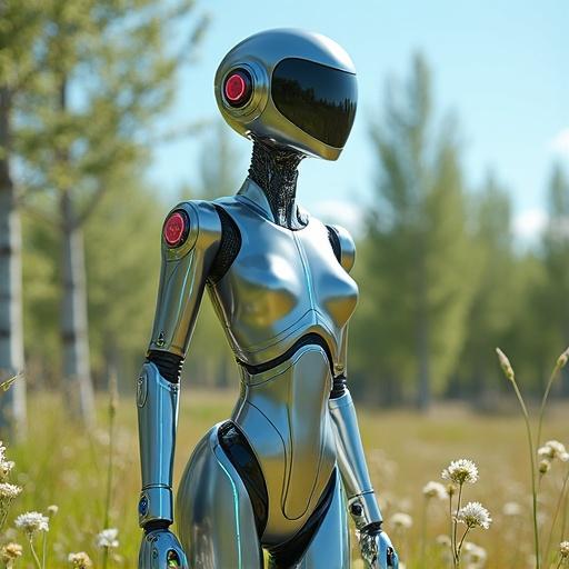 Sleek faceless female android with mirrored silver plating in a sun-drenched meadow. Geometric light patterns from birch trees on her polished surface. Streamlined form features brushed titanium and glowing cyan circuit lines. Organic curves contrast with mechanical joints. Summer breeze sways wildflowers against her legs. Solar filaments in her collar shimmer in sunlight. Prismatic reflections on quartz formations. Minimalist design replaces facial features with a smooth visor. Ultra-high dynamic range emphasizes nature versus engineering under blue skies.