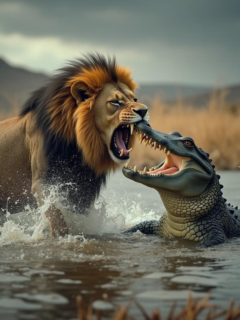 A fierce battle occurs between a lion and a crocodile. The lion roars powerfully. The crocodile displays its sharp teeth. Both are partially submerged in water. A landscape of dry grass surrounds them. The sky appears moody. Water splashes around them during their intense confrontation.