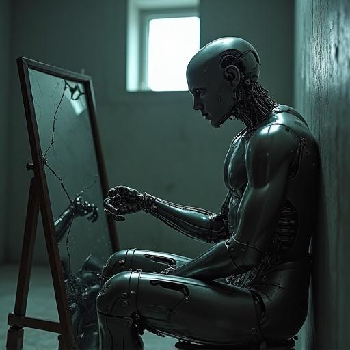 A futuristic cyborg sits alone in a dimly lit industrial-style room with polished metal and exposed wires. He gazes thoughtfully at his robotic hand. A cracked mirror leans against the wall reflecting fragments of his face. Soft light filters through a window creating dramatic shadows. The atmosphere is melancholic and philosophical about lost humanity.