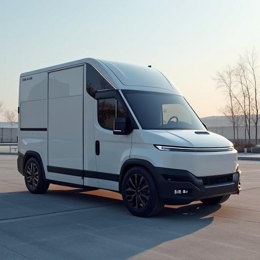 The image displays a 2025 Lumen Pro Cargo electric van in a modern environment. The van is designed for commercial use and has a sleek white exterior. It features advanced technology like the SmartLoad AI. Battery packs are slide-out for quick swapping. Interior includes outlets for powering tools. Ideal for businesses needing efficient transport.