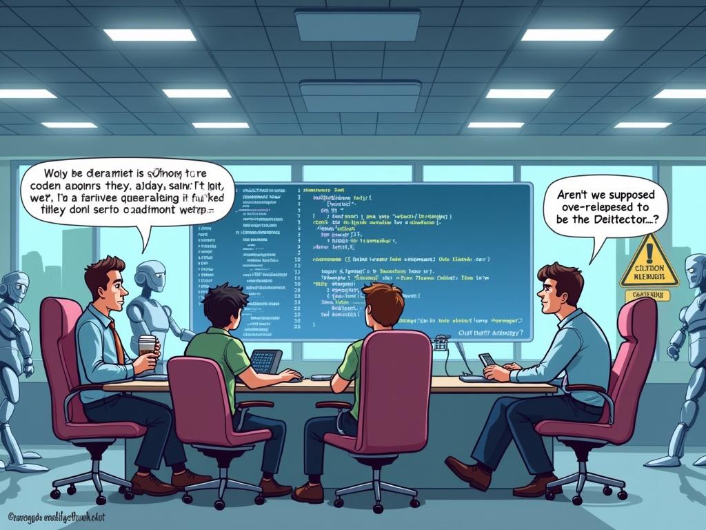 Futuristic office. Humans depend on ChatGPT for coding. Large screen shows code being generated. Programmers sit idle. One drinks coffee, another clicks a button. A newcomer expresses concern. Warning sign in background warns of over-reliance on AI. Scene conveys human complacency with robotic arms helping.