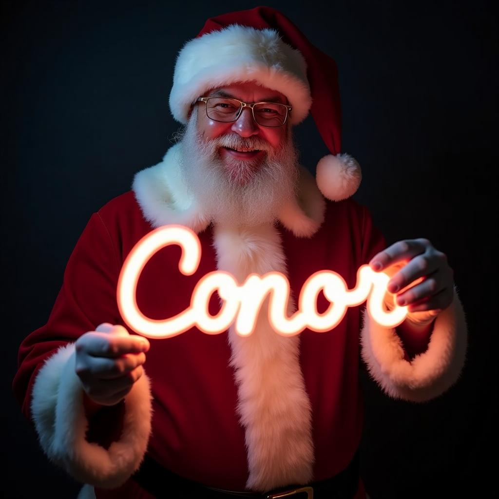 Santa Claus wears a traditional red and white suit. He holds a glow stick with the name 'Conor' in bright light. Jolly expression shows warmth and holiday cheer. Dark background enhances the text glow. Captures Christmas magic and joy.