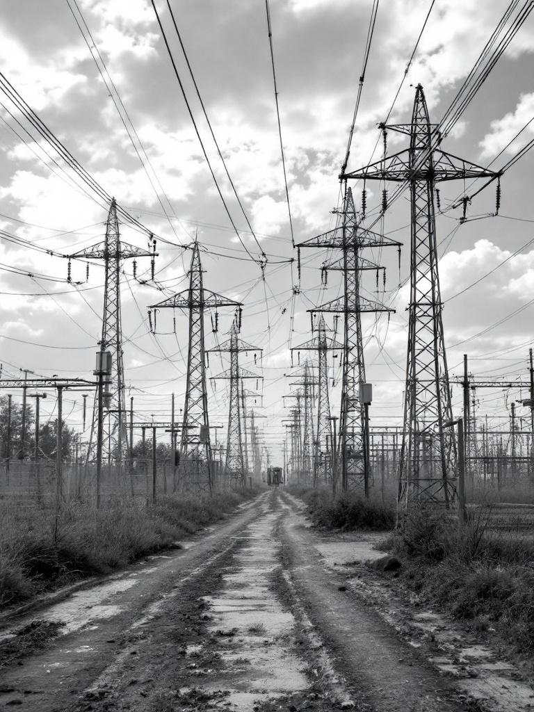 Create a realistic black and white photo featuring a 34kV electrical substation. The scene includes numerous power lines and tall pylons stretching towards the horizon. The ground is uneven and dirt-covered, showcasing the rural environment. Clouds fill the sky, creating a dramatic atmosphere. Capture the vastness of the space, focusing on the interplay of lines and shapes throughout the image.