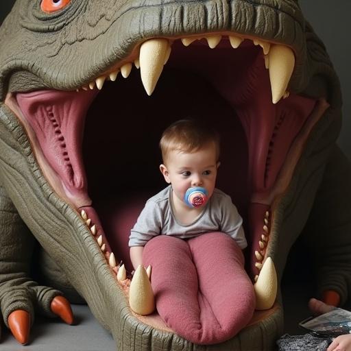 A playful interaction between a mother and 10-year-old child. Child sits in an open Star Wars rancor mouth. Tongue forms soft seating. Child holds large pacifier. Image captures fun and creativity.