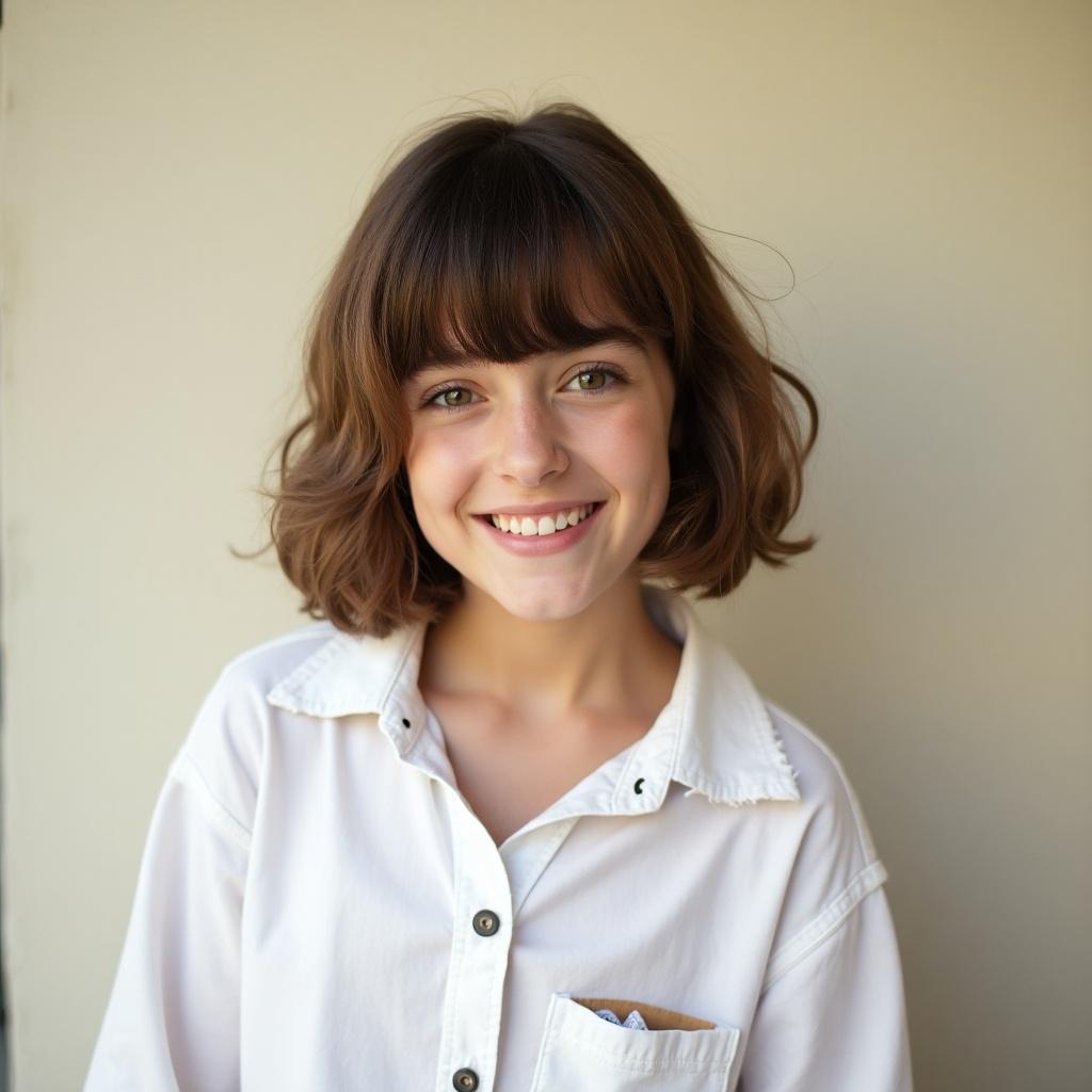 Girl with brown hair and short mullet hairstyle. Tattered hair with a white shirt. Background is beige or white wall. Appears as a student.