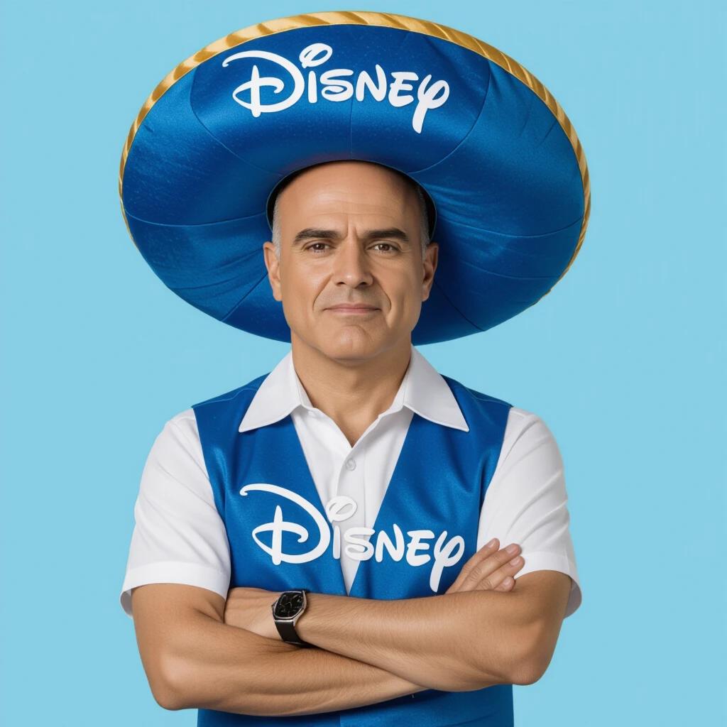 Person wearing Disney merchandise, crossing arms, appearing sad. Background features a light blue color.