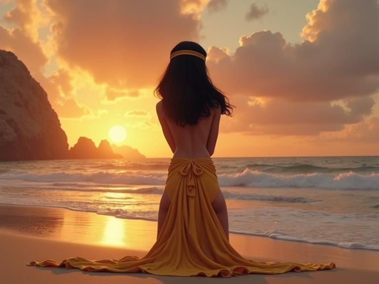 Silhouette of a woman resembling Cleopatra at the beach during sunset. The figure is positioned from behind, draped in a flowing yellow garment. The background features dramatic clouds and a serene ocean.