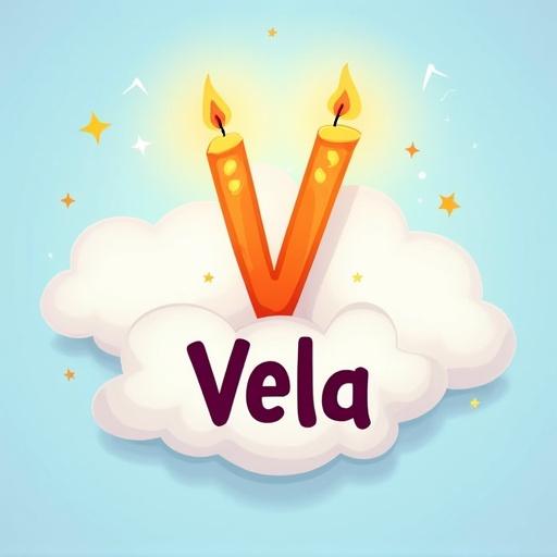 Child-friendly illustration with light blue background. Soft clouds in the background. Center features large uppercase letter V made from two burning candles. Below the V, the word Vela in large letters. Bright and cheerful style, with vibrant colors. Rounded corners and friendly proportions.