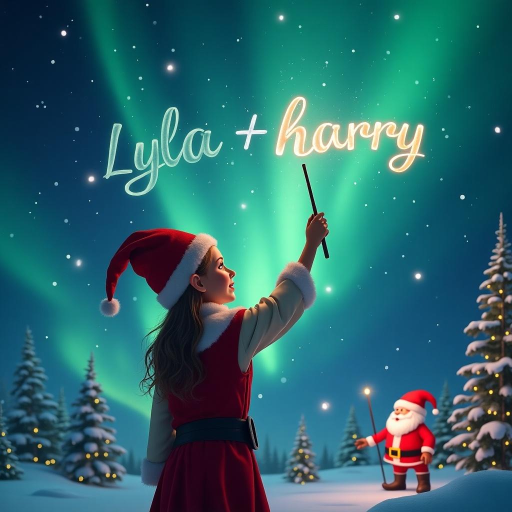 Elf facing magical sky. Using wand to write names in air. Background features northern lights and Santa. Names written are 'Lyla' 'harry'.