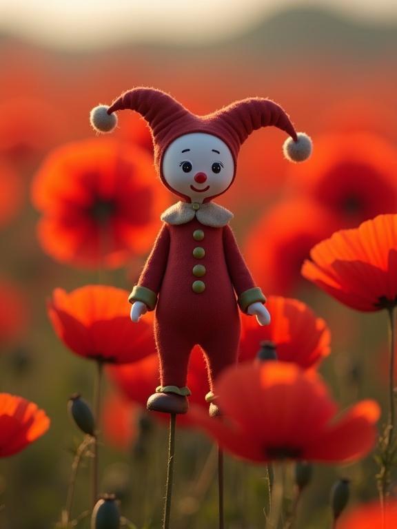Miniature harlequin doll surrounded by a field of red poppies. Each poppy becomes smaller in perspective. Photorealistic details with soft lighting and shallow depth of field. Surreal arrangement in a cinematic style.