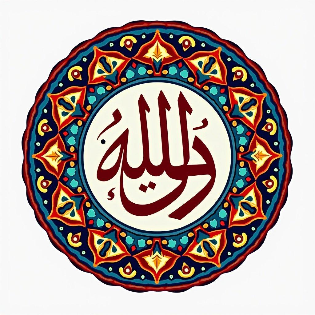 Image showcases a round logo with Arabic calligraphy. The name 'Abu Ishaq Al Somali' is artistically presented. Intricate traditional Middle Eastern patterns encircle the text. The design features vibrant colors like red, blue, and gold. Reflects cultural and historical significance, suitable for various applications.