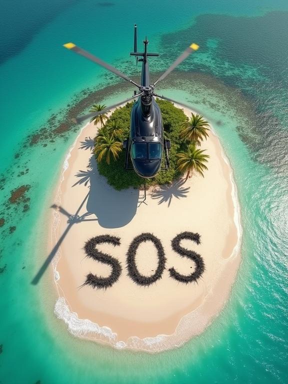 Aerial shot of a black rescue helicopter over a small tropical island. Large SOS sign on the sandy beach below. Sunny day. Hopeful rescue mission.
