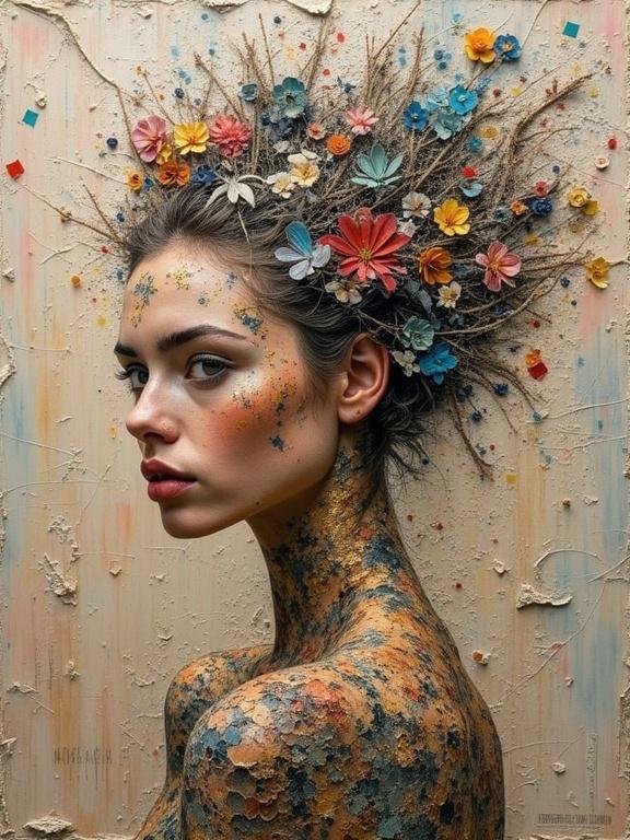 Oil painting featuring a woman with a textured body adorned with flowers. Use of newspaper, jute fibers, wood, sand, confetti and origami. Mixed media with scratches and tears. Emphasis on depth and surface texture. High resolution and vibrant colors.