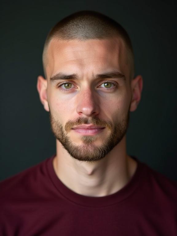 Studio portrait photograph features a young Irish man with bright green eyes and a closely shaved head. He has a well-groomed beard and wears a deep burgundy t-shirt that flatters his complexion.
