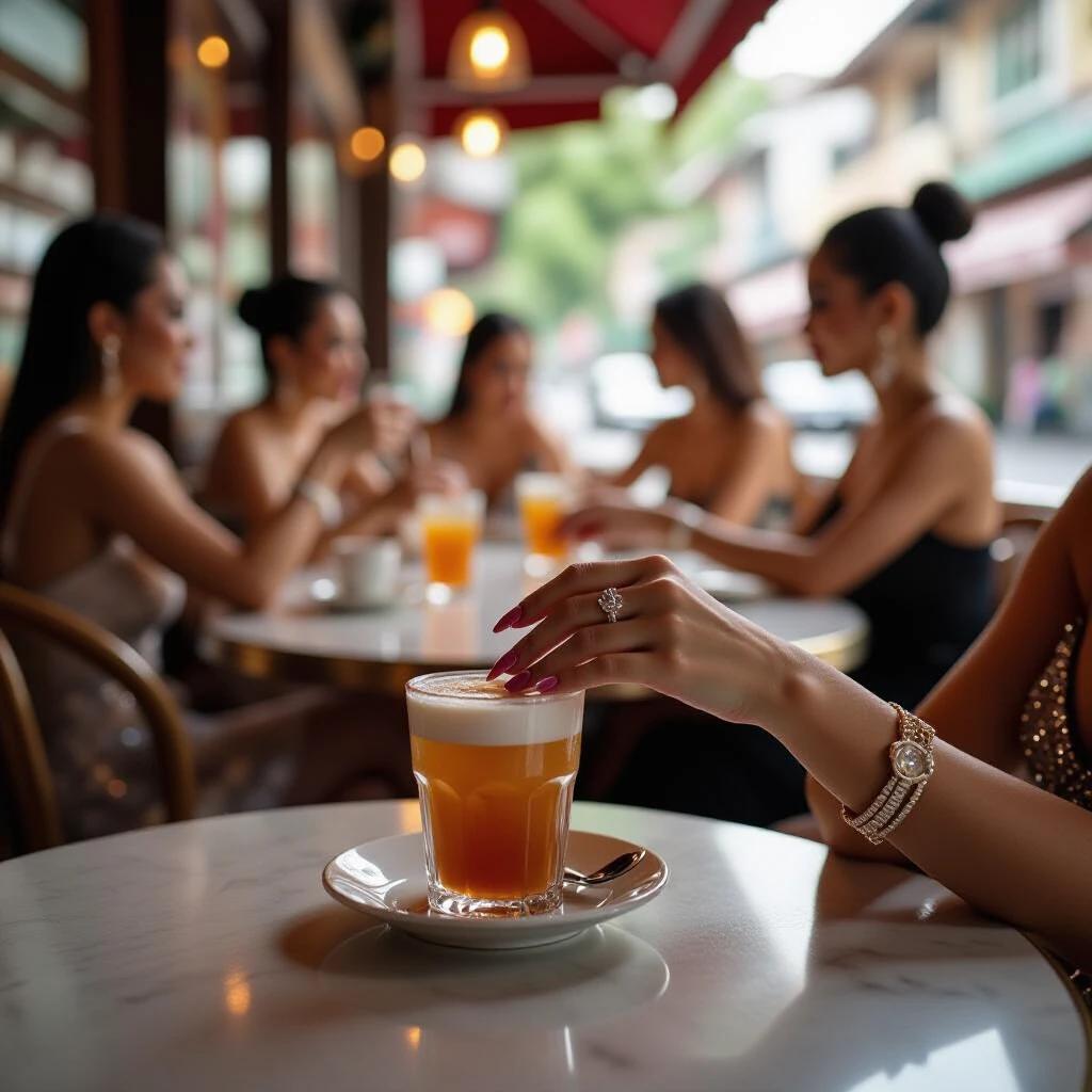A close-up shot of a ladyboy's hand gently swirling a drink. Beautifully manicured fingers and sparkling attire are in focus. Soft-focused background features indistinct figures of others in a bustling daytime venue.