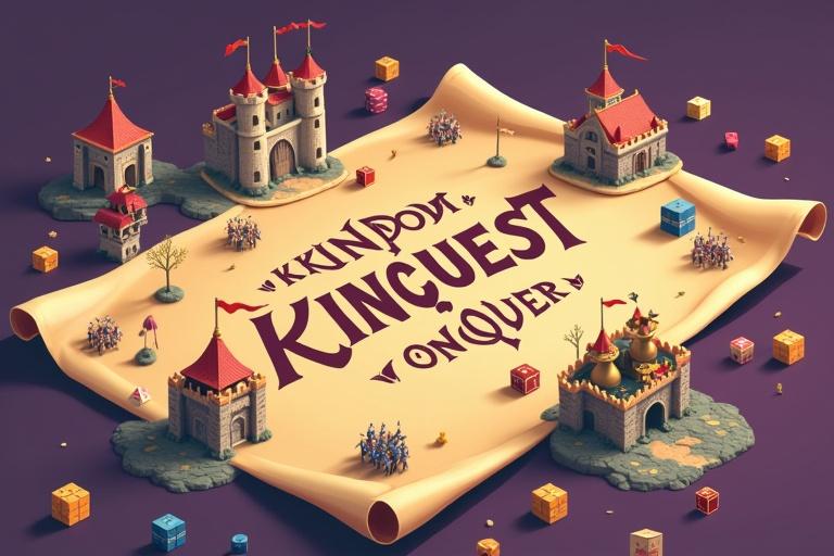 Fantasy-themed board game features miniature castles, armies, and dice on a parchment-style board. Flat vector style used. Colors include royal purple and gold. Text overlay features KINGDOM CONQUEST.